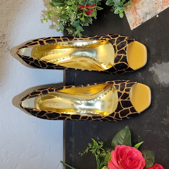 BCBGIRLS Leather Animal Hair Printed Giraffe Open Toe Heel 9 - Picture 2 of 15